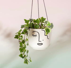 Ceramic Hanging Pot Minimalistic Style Abstract Face Planter White