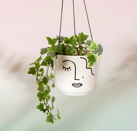 Ceramic Hanging Pot Minimalistic Style Abstract Face Planter White