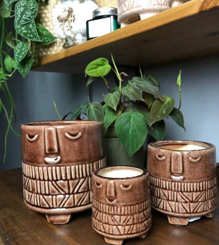 Family Ceramic Face Brown Plant Pot 3 Pcs Set